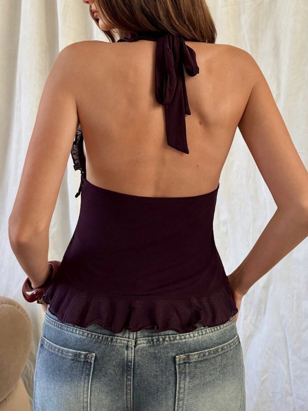 Purple Y2K Romantic Women's Ruffle V-Neck Sleeveless Knit Tank Top - Picture 2 of 7